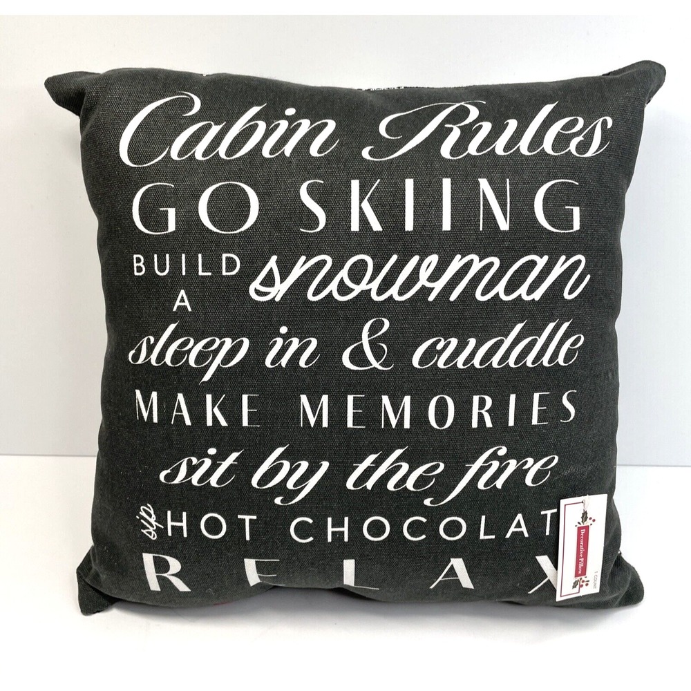 CABIN RULES Black & White 14" Accent Throw Pillow w/ Plaid Design Back